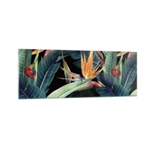 Impression sur verre - Image sur verre - Fleurs et feuilles tropicales sur fond noir - 140x50cm - Fleurs flamboyantes des tropiques - Décoration murale moderne pour le salon et la chambre ARTTOR