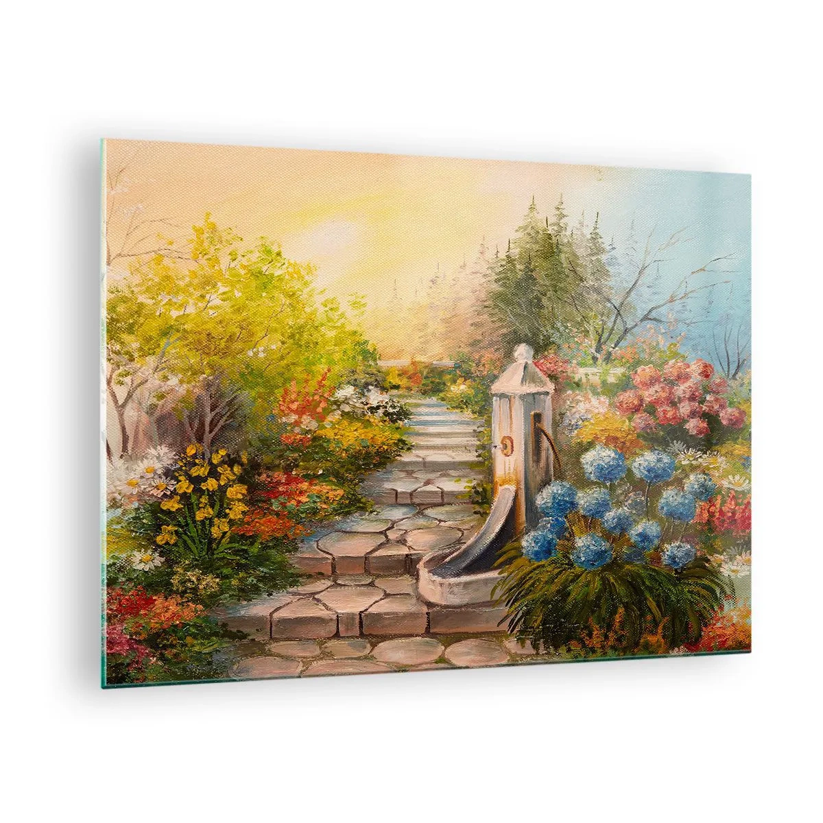 Impression sur verre - Image sur verre - Un jardin fleuri avec une fontaine en pleine floraison - 70x50cm - En pleine floraison - Décoration murale moderne pour le salon et la chambre ARTTOR