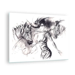 Impression sur verre - Image sur verre - Composition en noir et blanc avec une femme et un zèbre dans un style artistique - 70x50cm - Danse avec les zèbres - Décoration murale moderne pour le salon et la chambre ARTTOR