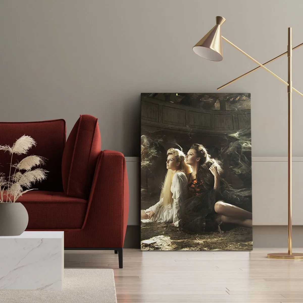 Impression sur toile - Image sur toile - Deux femmes dans un décor magique avec des effets de lumière éthérés. - 50x70cm - Et il y a eu la poésie - Décoration murale moderne pour le salon et la chambre ARTTOR