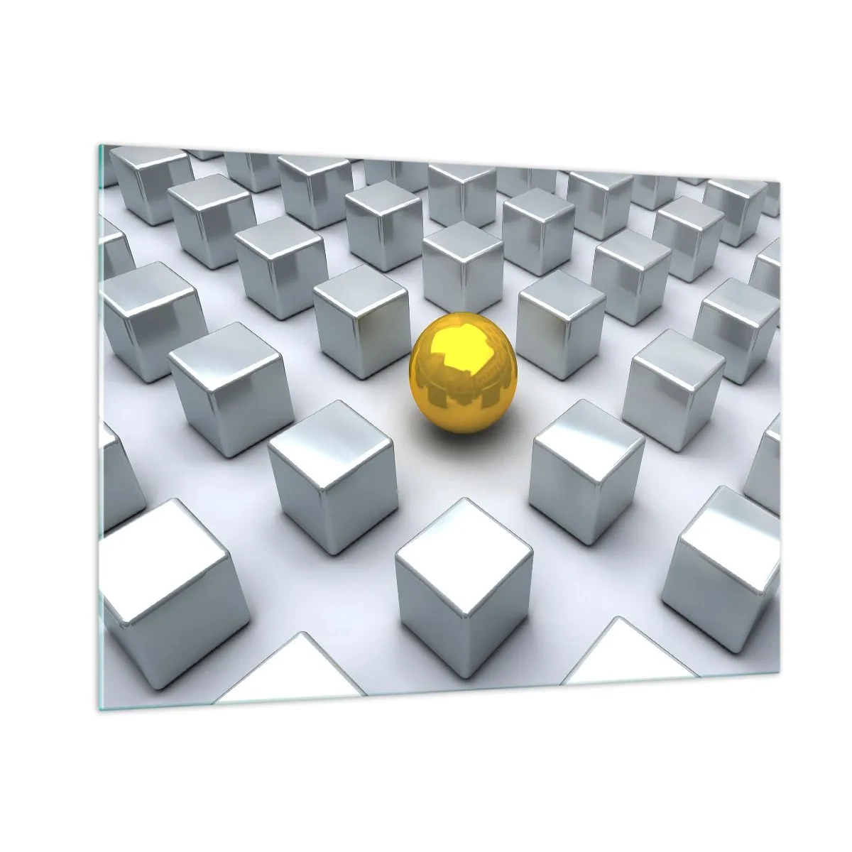 Impression sur verre - Image sur verre - Une sphère dorée entourée de cubes d'argent - 100x70cm - Pourquoi moi? Composition géométrique - Décoration murale moderne pour le salon et la chambre ARTTOR
