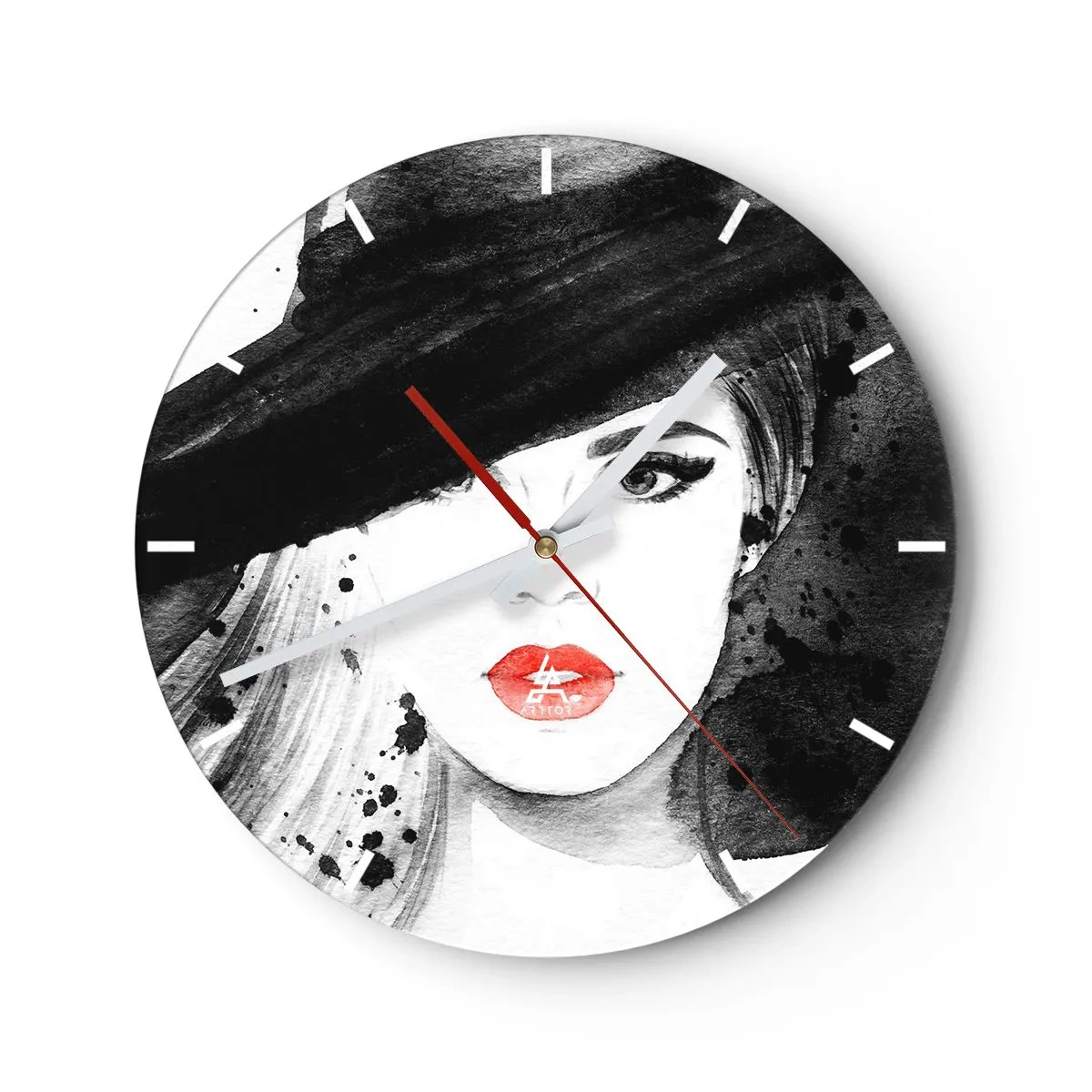 Horloge murale - Pendule murale - Femme élégante avec un chapeau et des lèvres rouges - 30x30cm - Dame en noir - Décoration murale moderne pour le salon, la cuisine et la chambre ARTTOR
