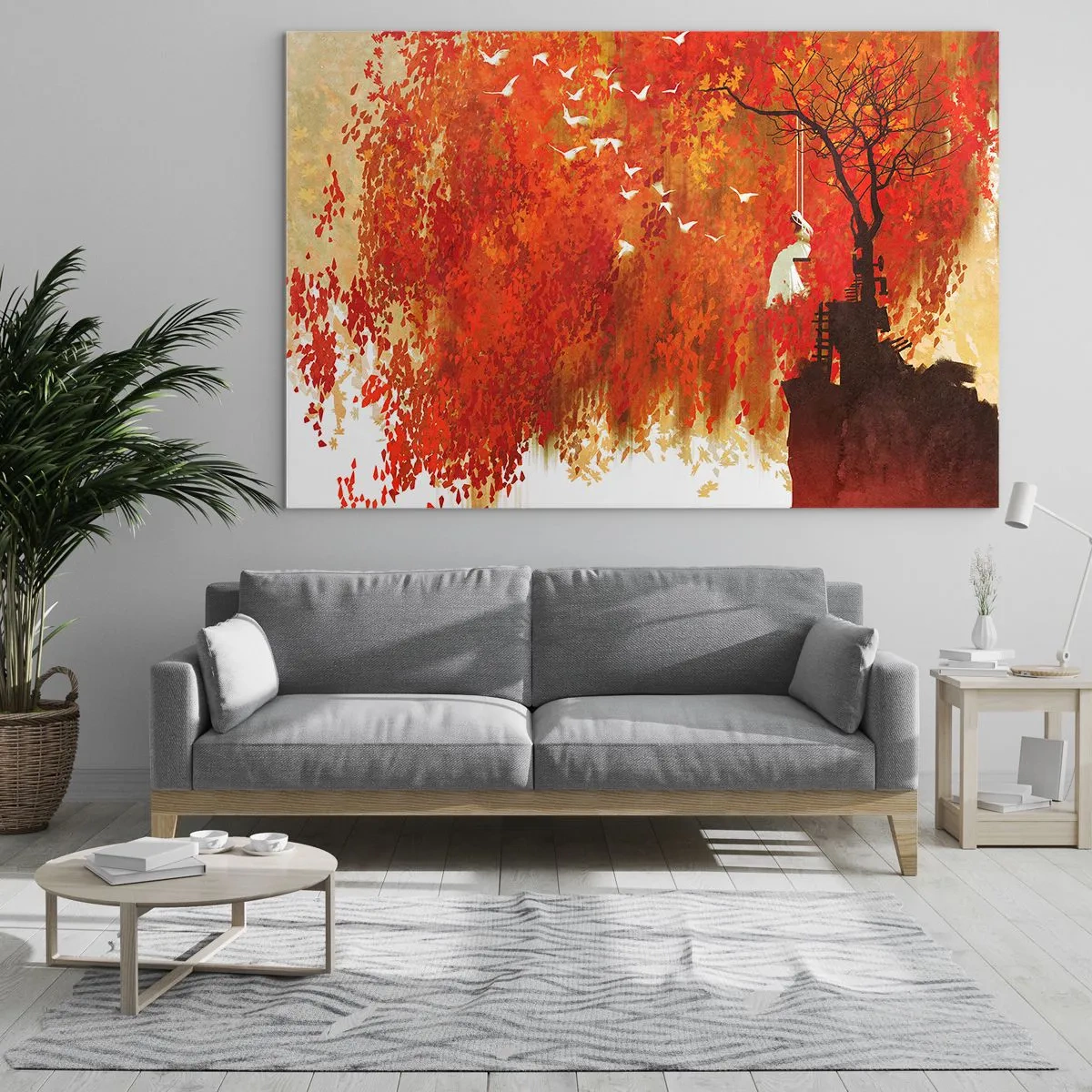 Impression sur verre - Image sur verre - Des feuilles rouges, un arbre solitaire et des oiseaux dans une scène d'automne - 120x80cm - S'envolera-t-il avec eux ? - Décoration murale moderne pour le salon et la chambre ARTTOR