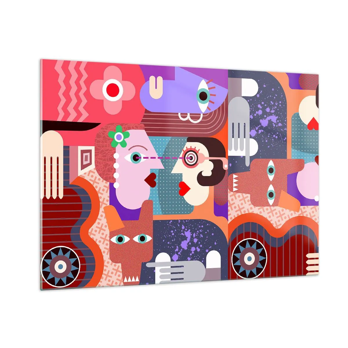 Impression sur verre - Image sur verre - Une composition abstraite de visages et de formes aux couleurs intenses. - 100x70cm - Les yeux dans les yeux - Décoration murale moderne pour le salon et la chambre ARTTOR