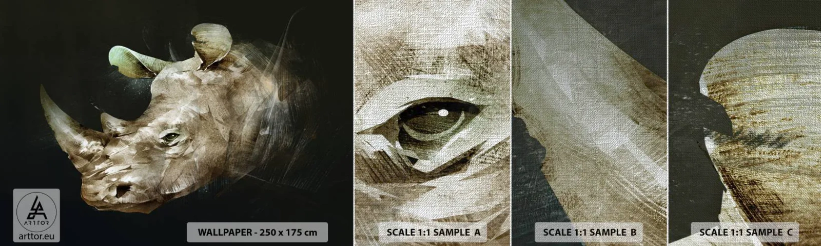 Échantillon de Papier Peint Premium Canvas - La force vraiment masculine - Abstraction, Rhinocéros, Animaux - 100x30 cm