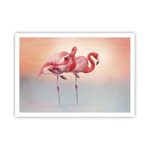 Affiche - Poster - Flamants roses aux couleurs pastel délicates sur fond d'eau - 100x70cm - Dans les couleurs du soleil couchant - Décoration murale moderne pour le salon et la chambre ARTTOR