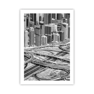 Affiche - Poster - Panorama de la ville avec réseau routier en noir et blanc - 50x70cm - Dubaï - la ville impossible - Décoration murale moderne pour le salon et la chambre ARTTOR