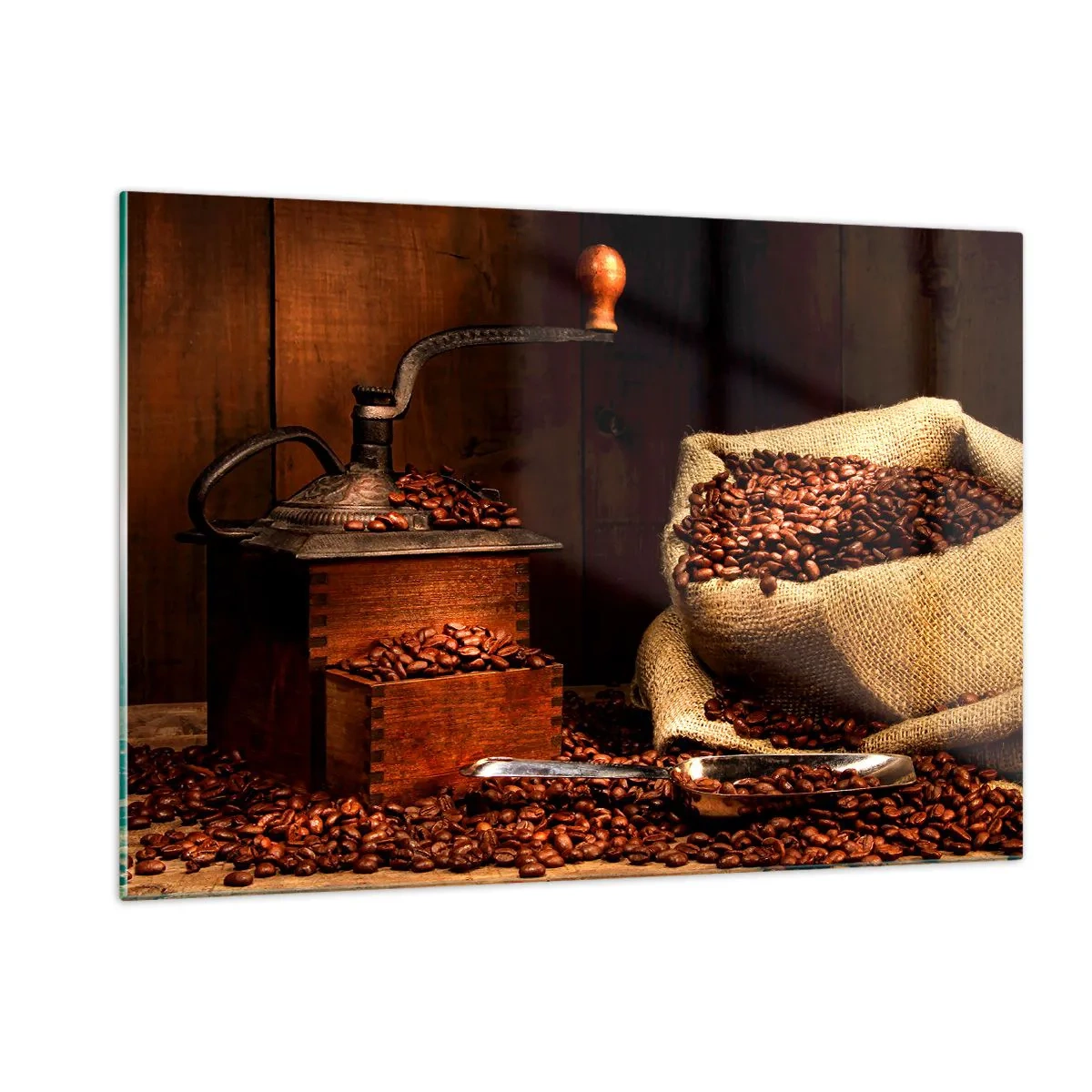 Impression sur verre - Image sur verre - Un vieux moulin à café avec des grains et un sac de café - 120x80cm - Nature morte avec grains de café et moulin - Décoration murale moderne pour le salon et la chambre ARTTOR