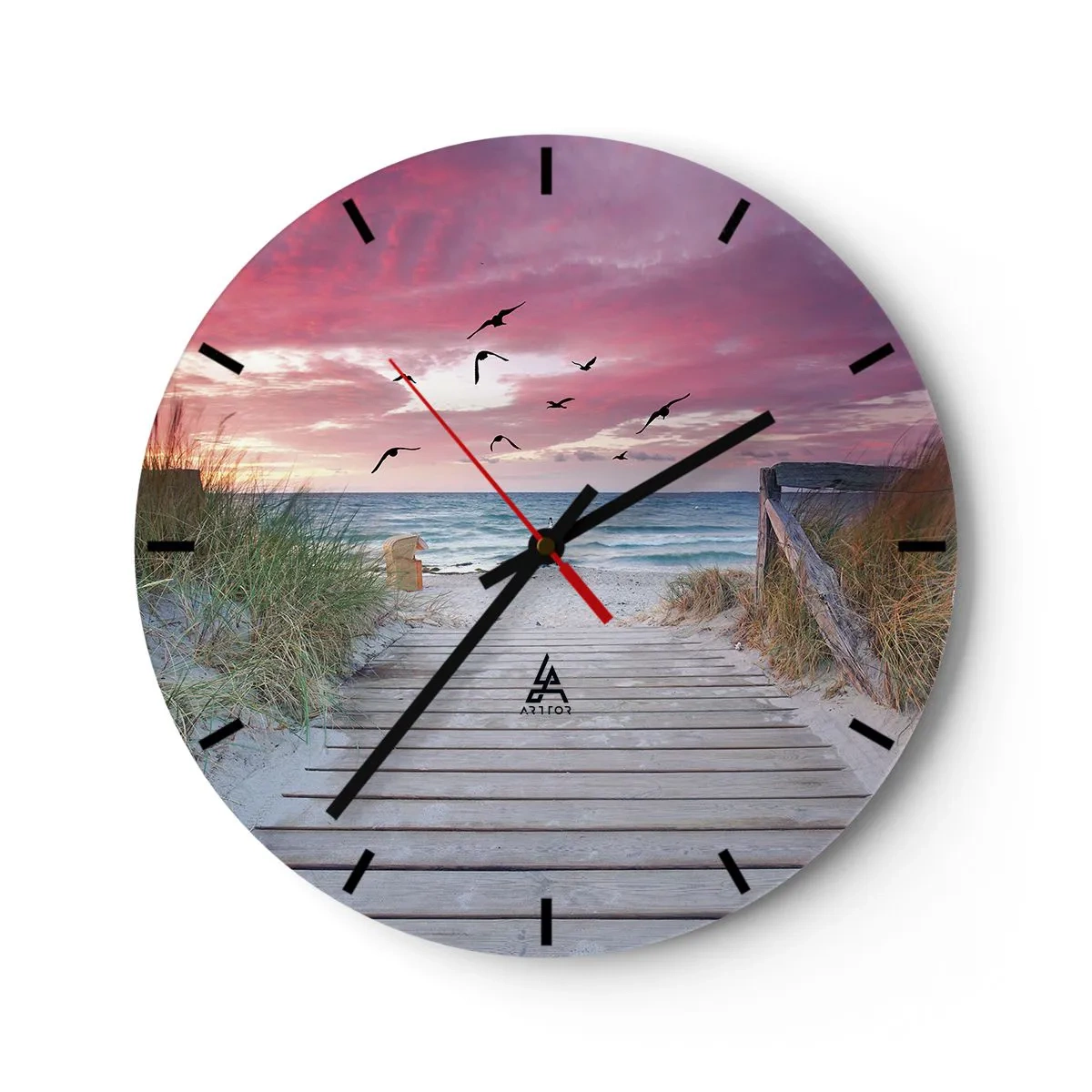 Horloge murale - Pendule murale - Jetée en bois menant à la plage au coucher du soleil - 30x30cm - Impression de la Baltique - Décoration murale moderne pour le salon, la cuisine et la chambre ARTTOR