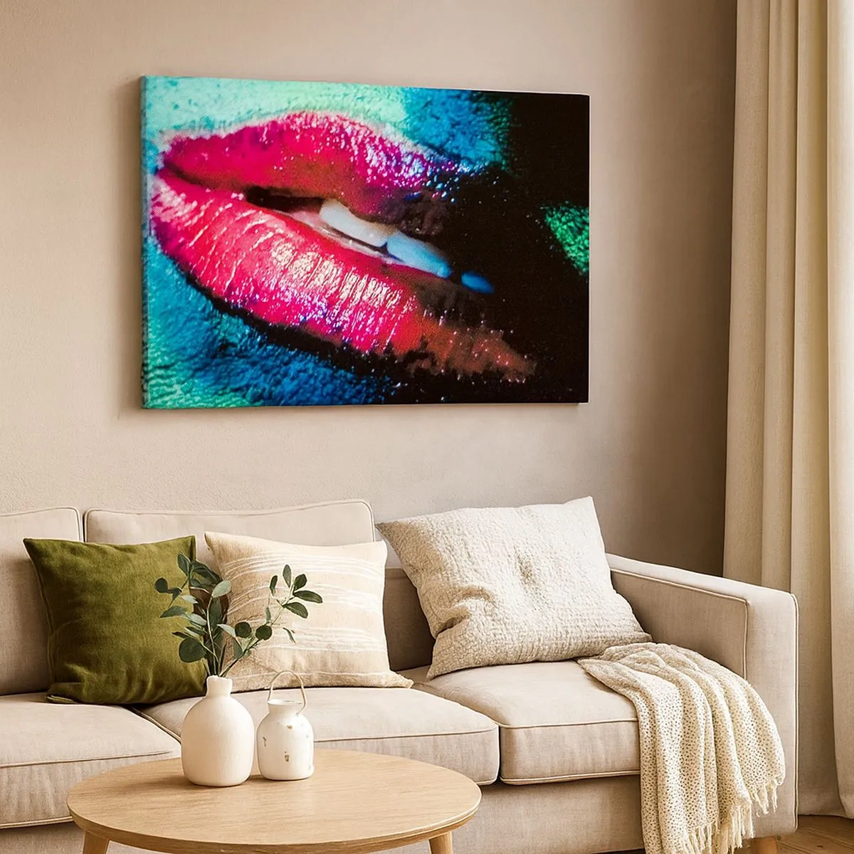 Impression sur toile - Image sur toile - Gros plan de lèvres colorées et brillantes sur un fond artistique - 70x50cm - Sensuel et dérangeant - Décoration murale moderne pour le salon et la chambre ARTTOR