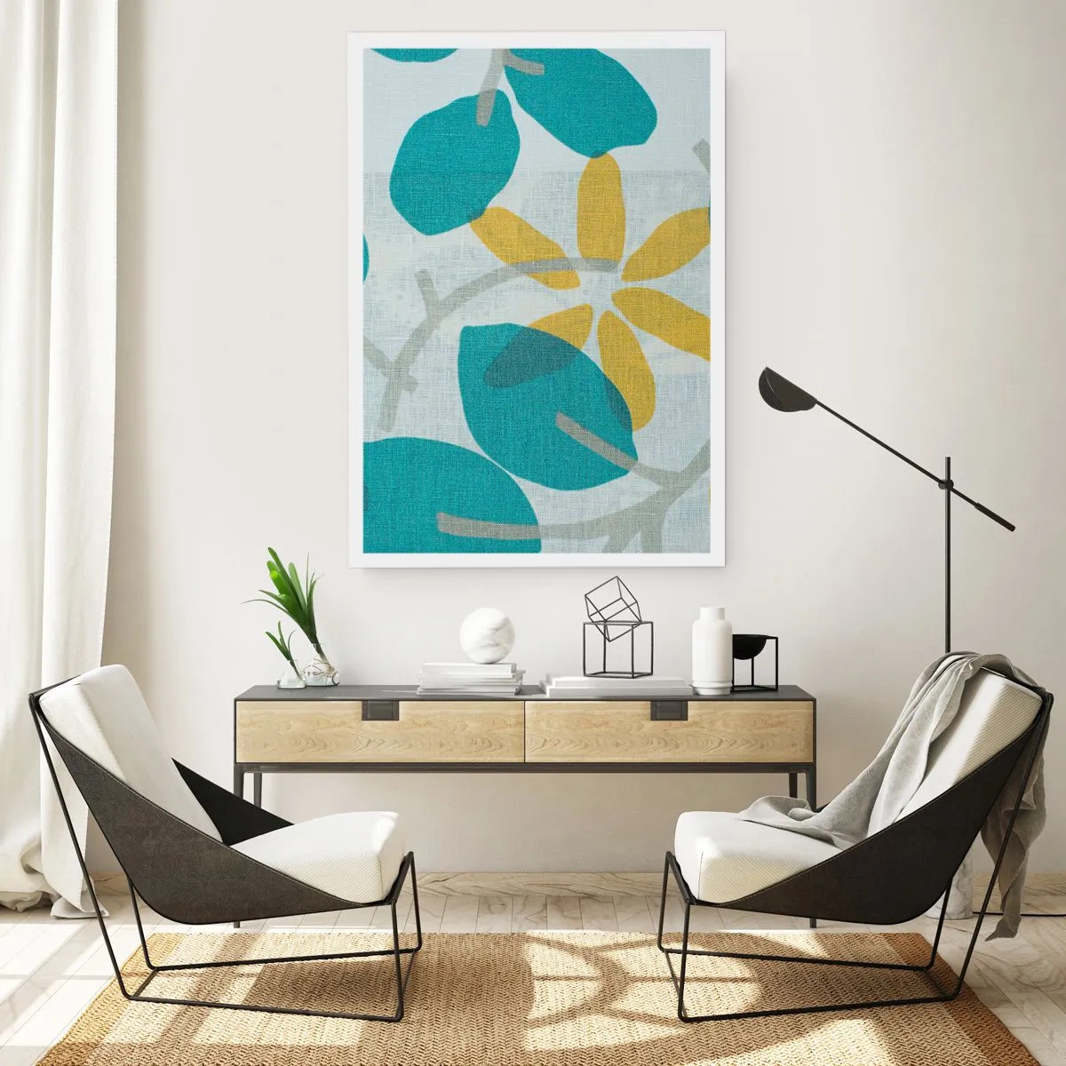 Affiche - Poster - Graphismes botaniques modernes dans des tons de bleu et de jaune - 50x70cm - Wśród lazurowych liści - Décoration murale moderne pour le salon et la chambre ARTTOR