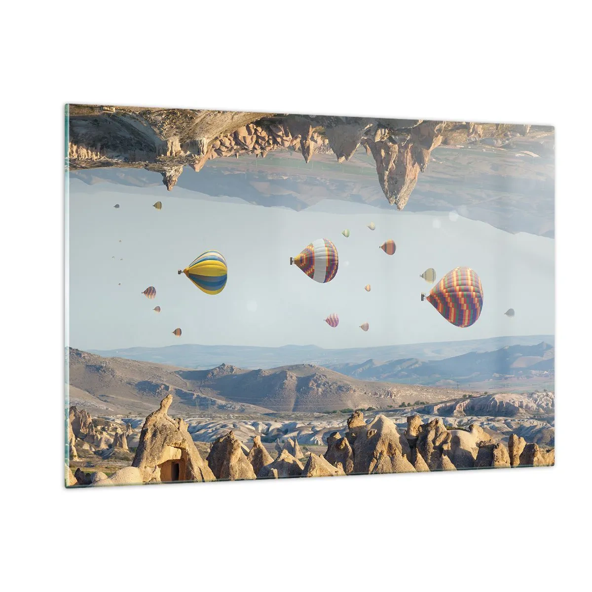 Impression sur verre - Image sur verre - Ballons colorés au-dessus du paysage rocheux de la Cappadoce - 120x80cm - Ici, tout est possible - Décoration murale moderne pour le salon et la chambre ARTTOR