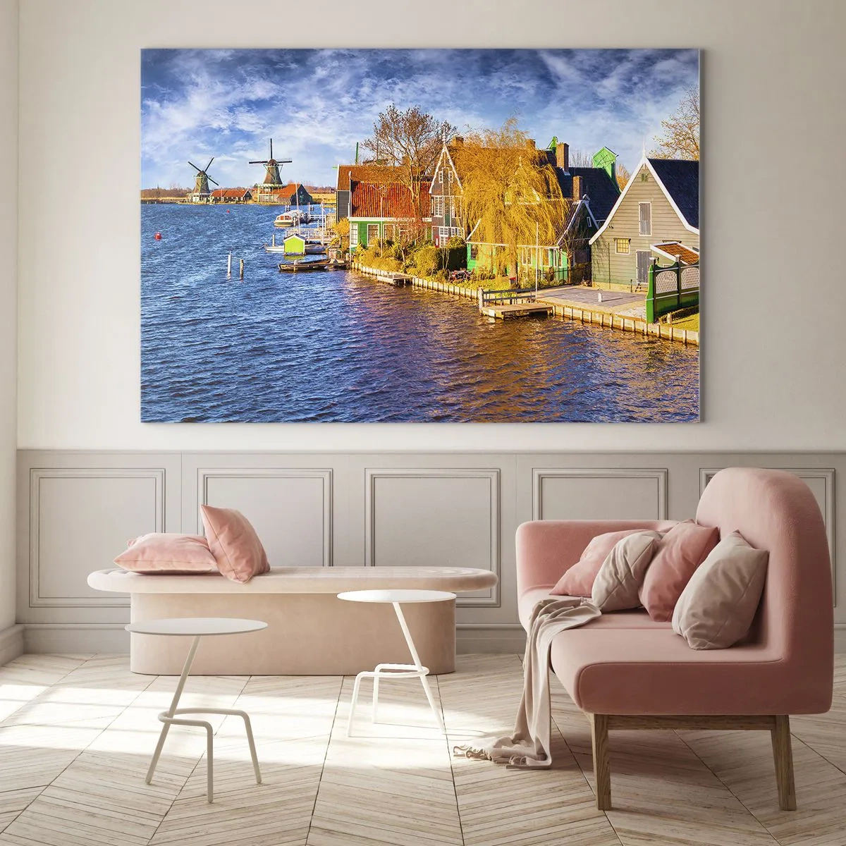 Impression sur verre - Image sur verre - Maisons pittoresques au bord de l'eau aux Pays-Bas avec moulins à vent - 100x70cm - C'est pareil depuis des lustres - Décoration murale moderne pour le salon et la chambre ARTTOR