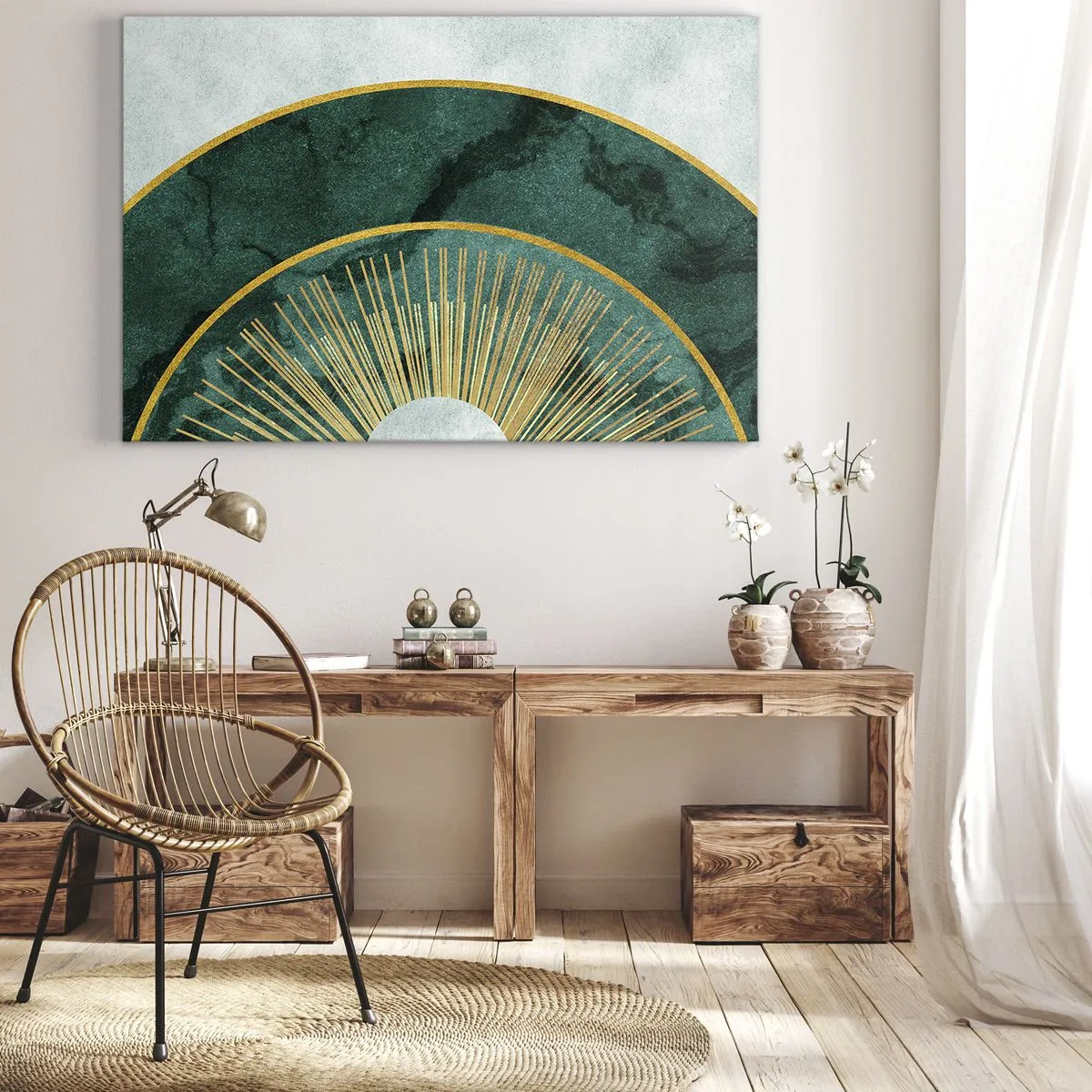 Impression sur toile - Image sur toile - Motif abstrait avec des cercles aux couleurs émeraude et or. - 100x70cm - Un autre système solaire - Décoration murale moderne pour le salon et la chambre ARTTOR