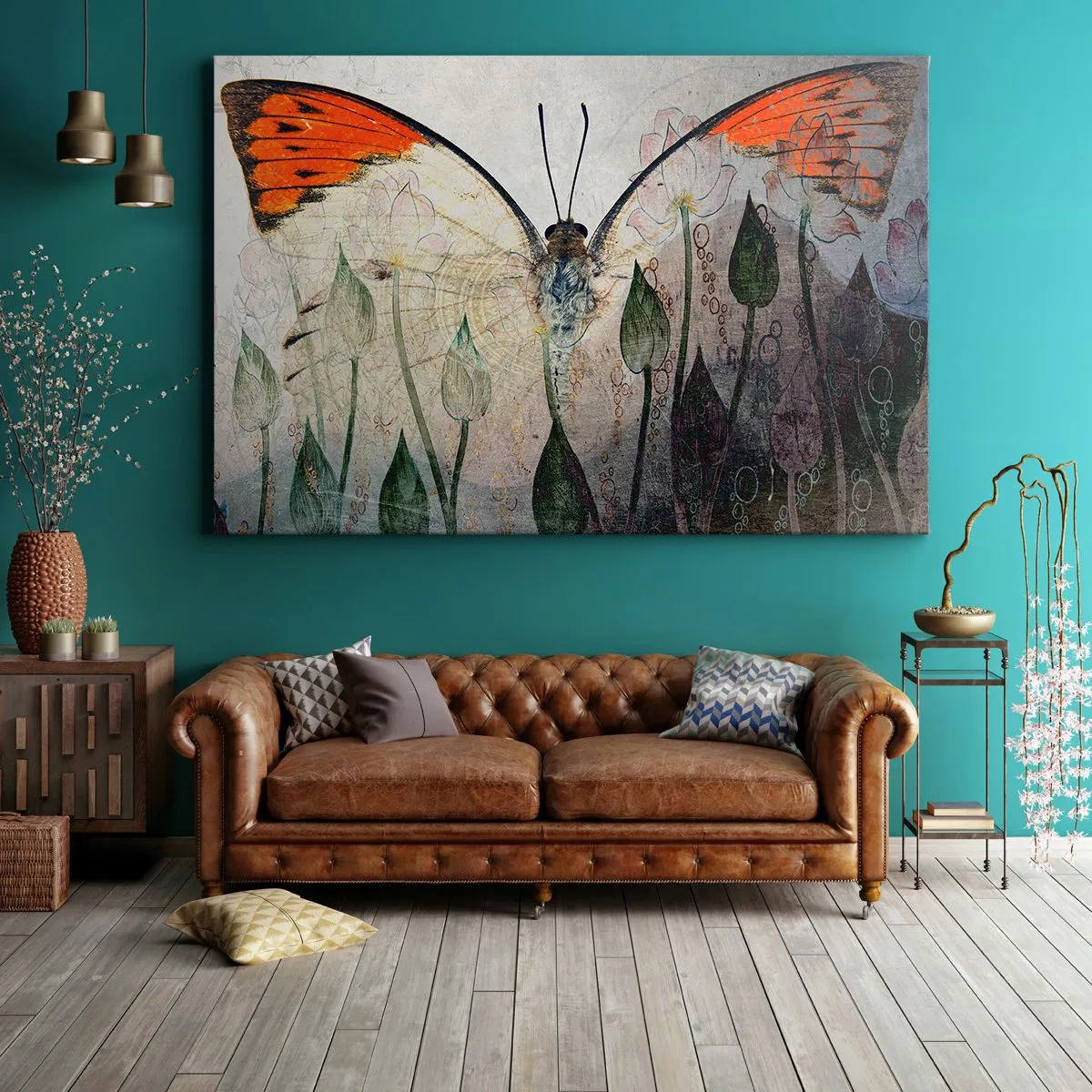 Impression sur toile - Image sur toile - Un papillon aux ailes orange sur un fond de fleurs stylisées. - 100x70cm - "Où est le papillon qui se balance sur l'herbe" - Décoration murale moderne pour le salon et la chambre ARTTOR