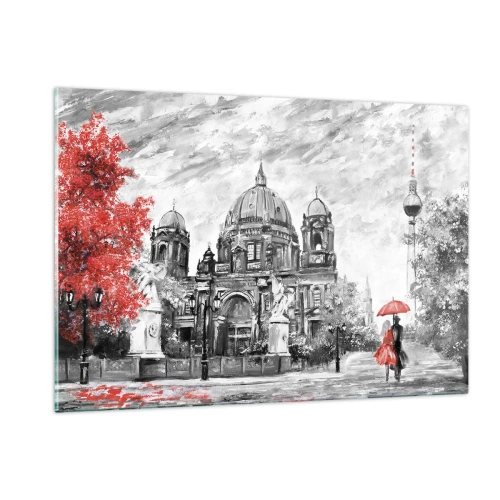 Impression sur verre - Image sur verre - Cathédrale de Berlin avec un accent rouge dans des tons monochromes - 120x80cm - Rencontre berlinoise - Décoration murale moderne pour le salon et la chambre ARTTOR