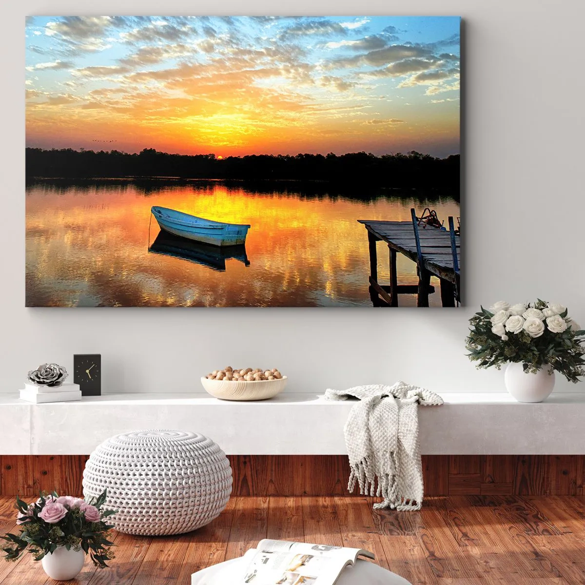 Impression sur toile - Image sur toile - Un bateau sur un lac calme au coucher du soleil - 120x80cm - Regardez, écoutez, méditez - Décoration murale moderne pour le salon et la chambre ARTTOR