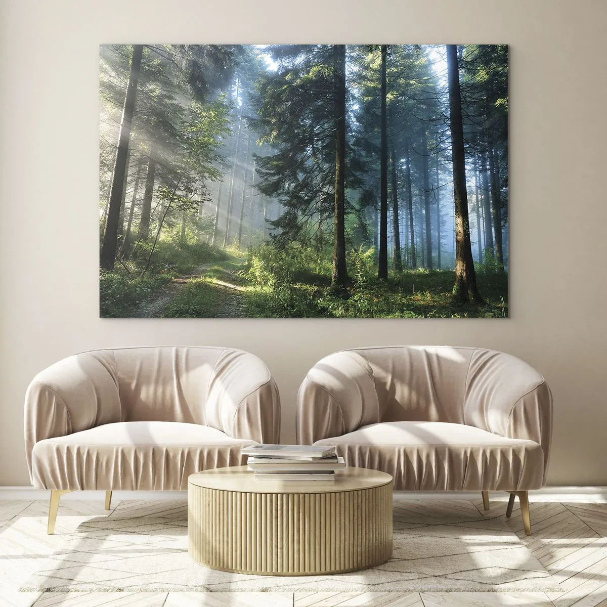 Impression sur verre - Image sur verre - Un chemin forestier dans la brume matinale parmi de grands arbres - 100x70cm - Rayonnant le matin - Décoration murale moderne pour le salon et la chambre ARTTOR