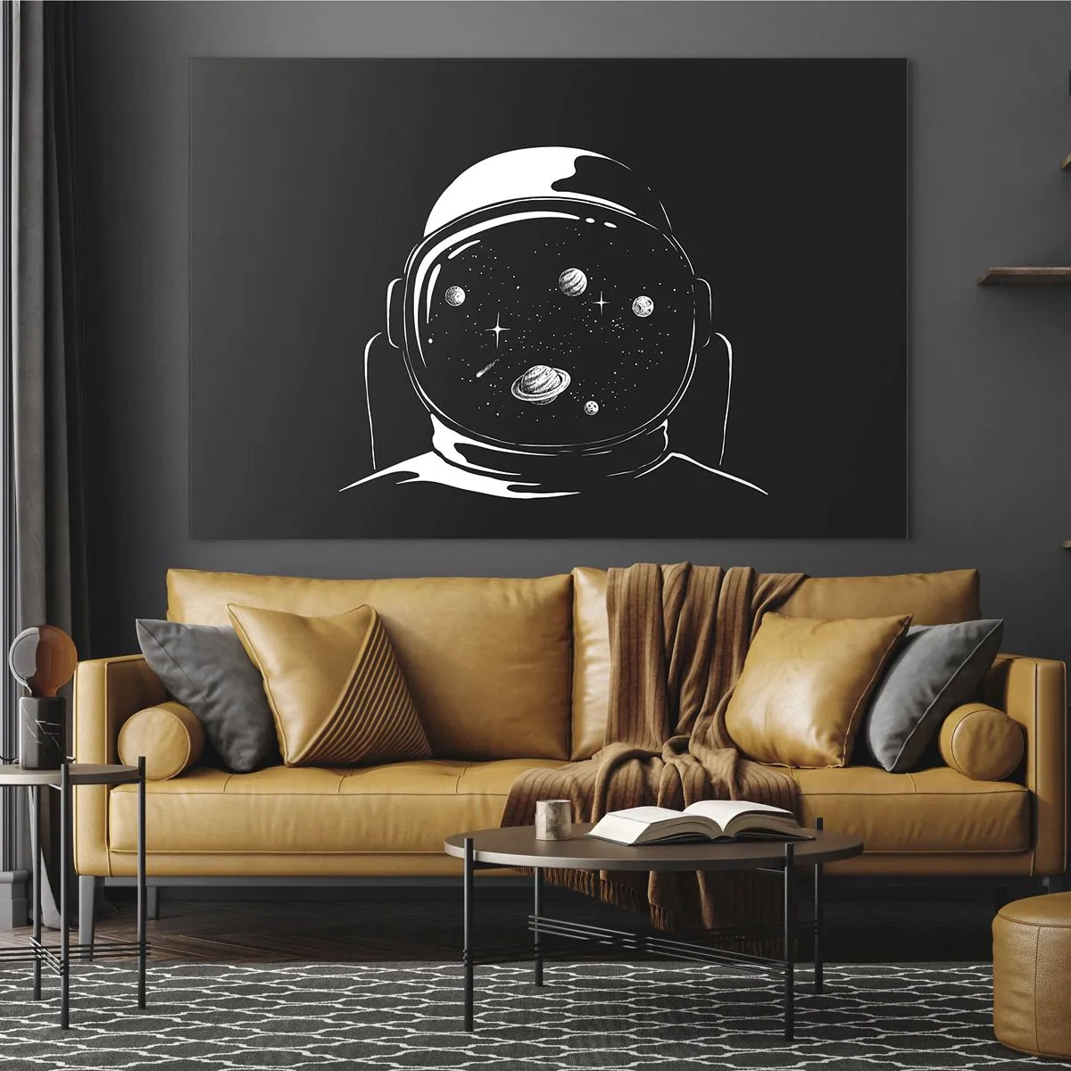 Impression sur verre - Image sur verre - Astronaute avec des étoiles et des planètes dans son casque sur fond noir - 70x50cm - Sympa la vue - Décoration murale moderne pour le salon et la chambre ARTTOR