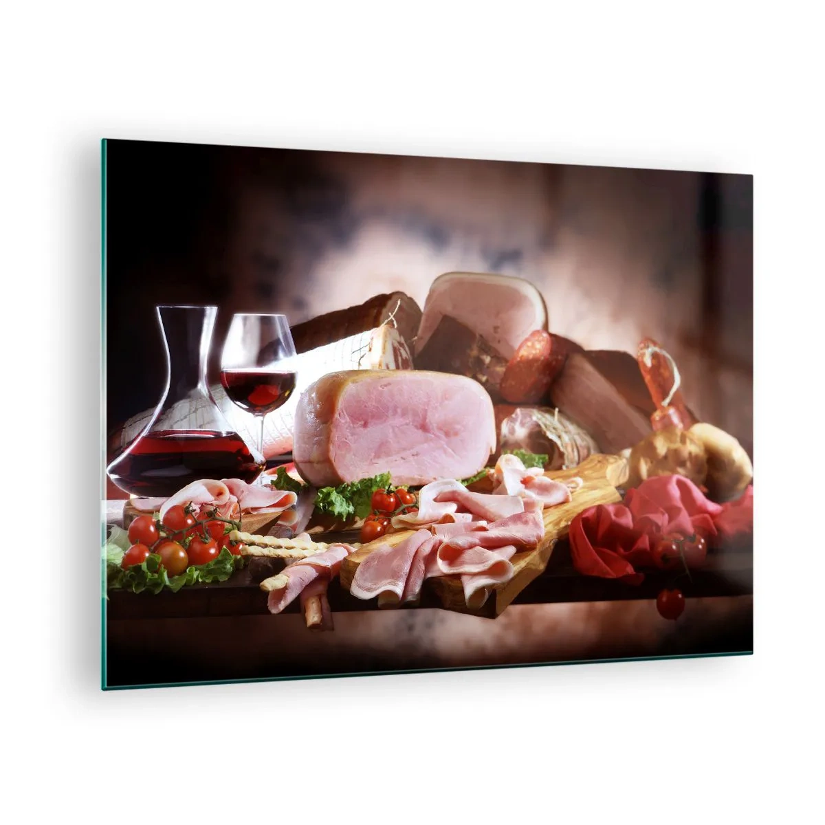 Impression sur verre - Image sur verre - Table de cuisine avec charcuterie, vin et légumes frais - 70x50cm - Un rêve culinaire avec une carafe - Décoration murale moderne pour le salon et la chambre ARTTOR
