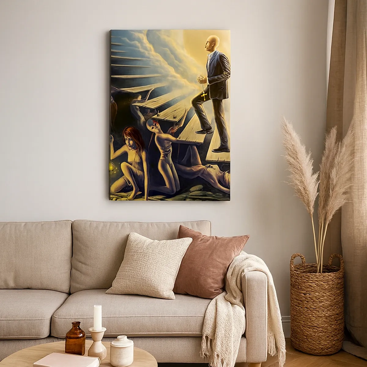 Impression sur toile - Image sur toile - Une scène symbolique du chemin vers la lumière à travers un escalier délabré - 50x70cm - Voyage dantesque vers la lumière - Décoration murale moderne pour le salon et la chambre ARTTOR