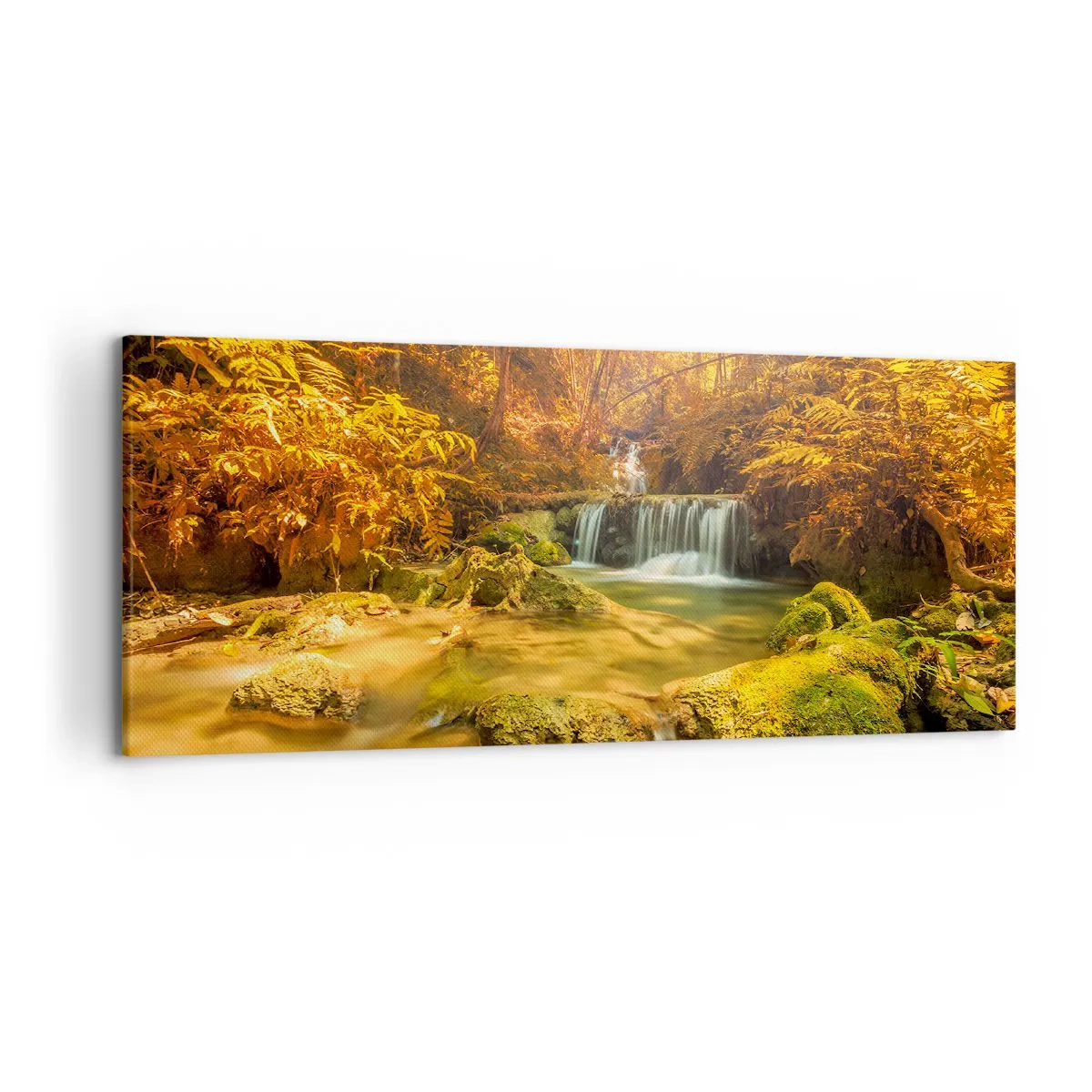 Impression sur toile - Image sur toile - Une cascade dorée dans une forêt d'automne entourée de verdure - 120x50cm - Cascade de forêt en or - Décoration murale moderne pour le salon et la chambre ARTTOR