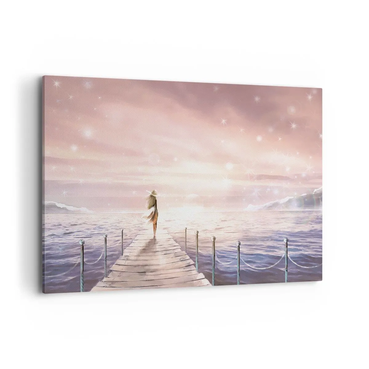 Impression sur toile - Image sur toile - Une femme sur une jetée dans un décor de coucher de soleil magique - 100x70cm - A la lumière d'un rêve - Décoration murale moderne pour le salon et la chambre ARTTOR
