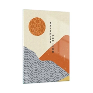 Impression sur verre - Image sur verre - Graphiques avec des motifs de montagnes et de soleil japonais - 50x70cm - Dans l'esprit japonais - Décoration murale moderne pour le salon et la chambre ARTTOR