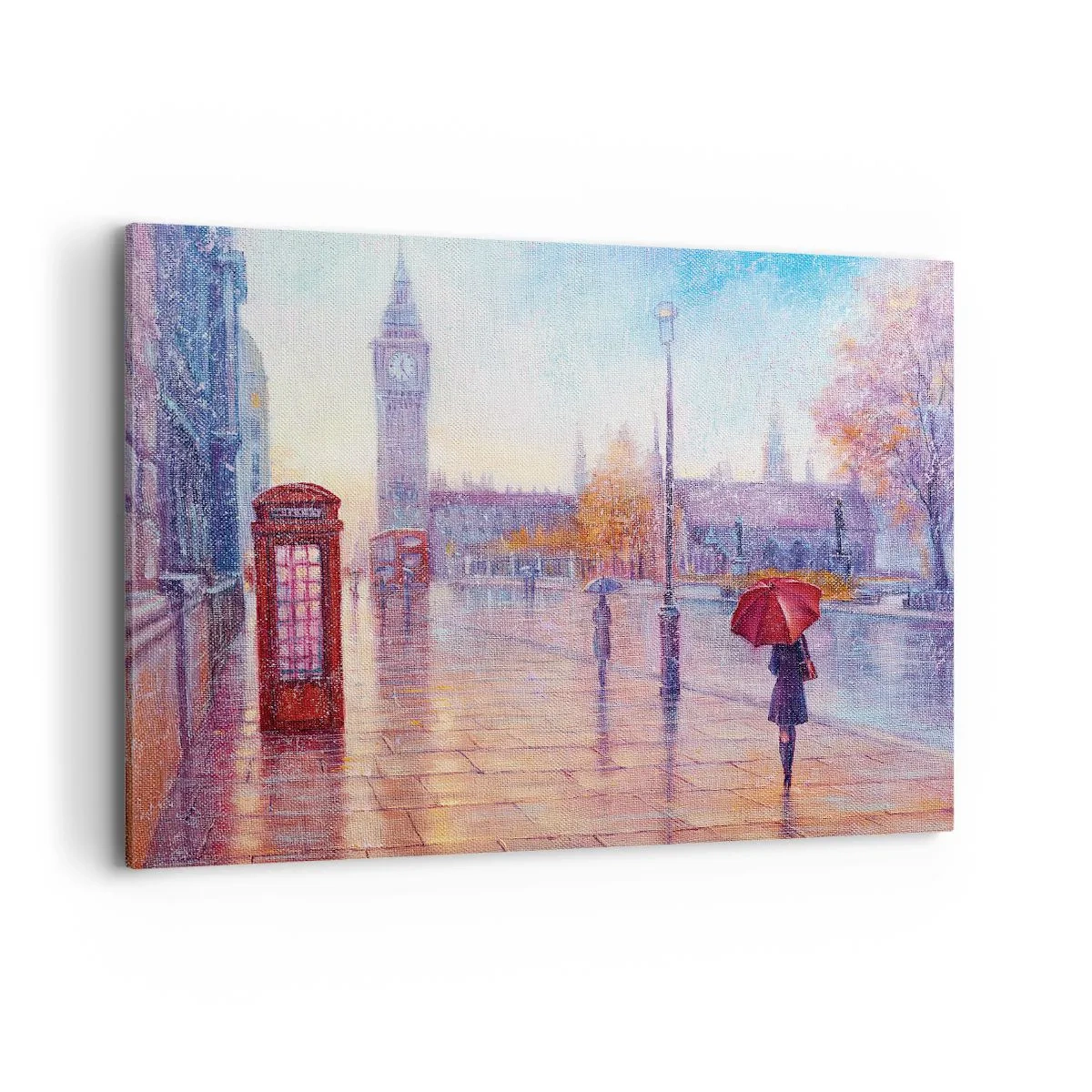 Impression sur toile - Image sur toile - Rue de Londres avec Big Ben un jour de pluie - 120x80cm - Jour automnal londonien - Décoration murale moderne pour le salon et la chambre ARTTOR