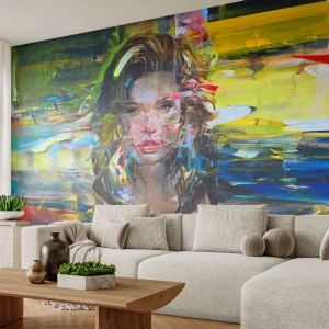 Papier Peint Photo Premium Canvas - Portrait abstrait d'une femme aux couleurs intenses - 100x70cm - Derrière l'air, un rideau - Décoration murale moderne pour le salon et la chambre ARTTOR