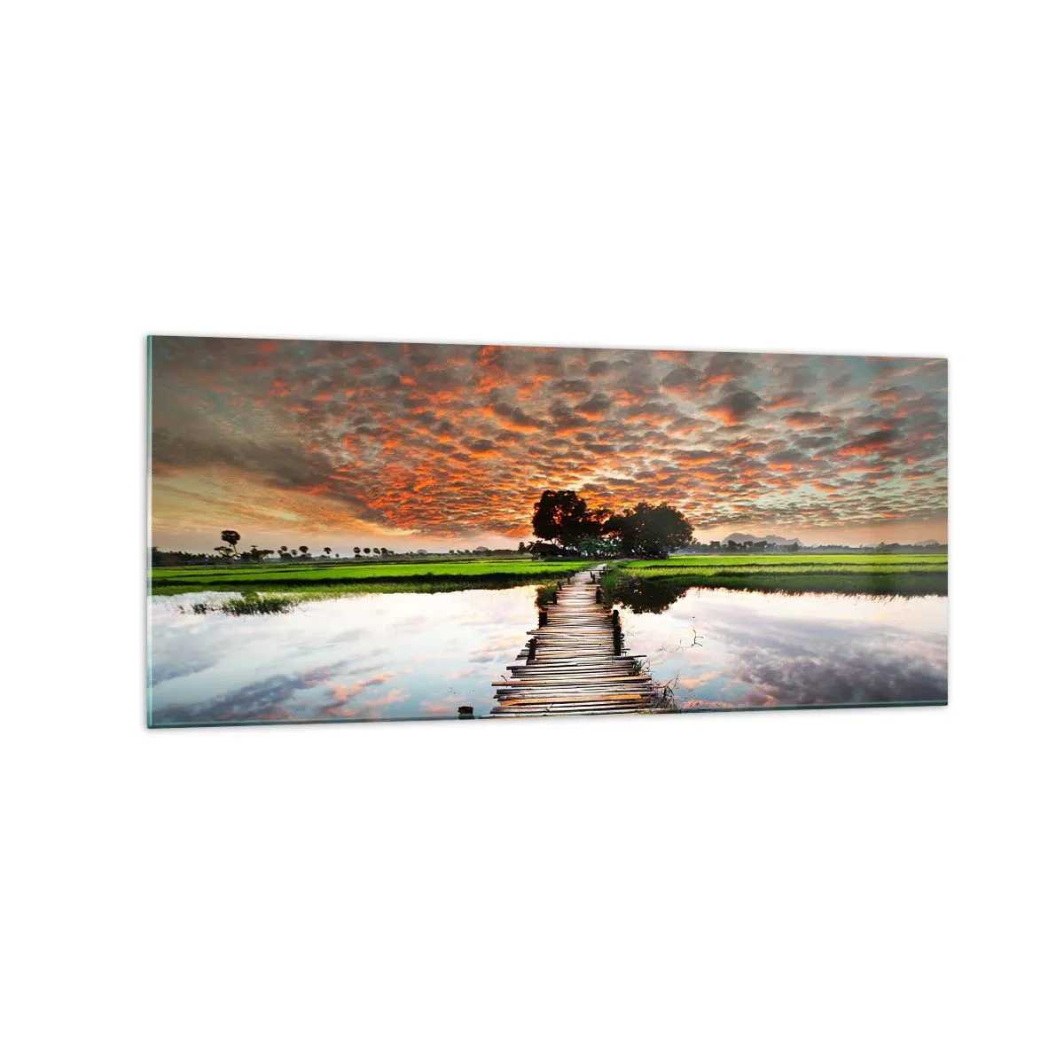 Impression sur verre - Image sur verre - Pont en bois sur l'eau au coucher du soleil - 120x50cm - Étendez vos bras - respirez - Décoration murale moderne pour le salon et la chambre ARTTOR