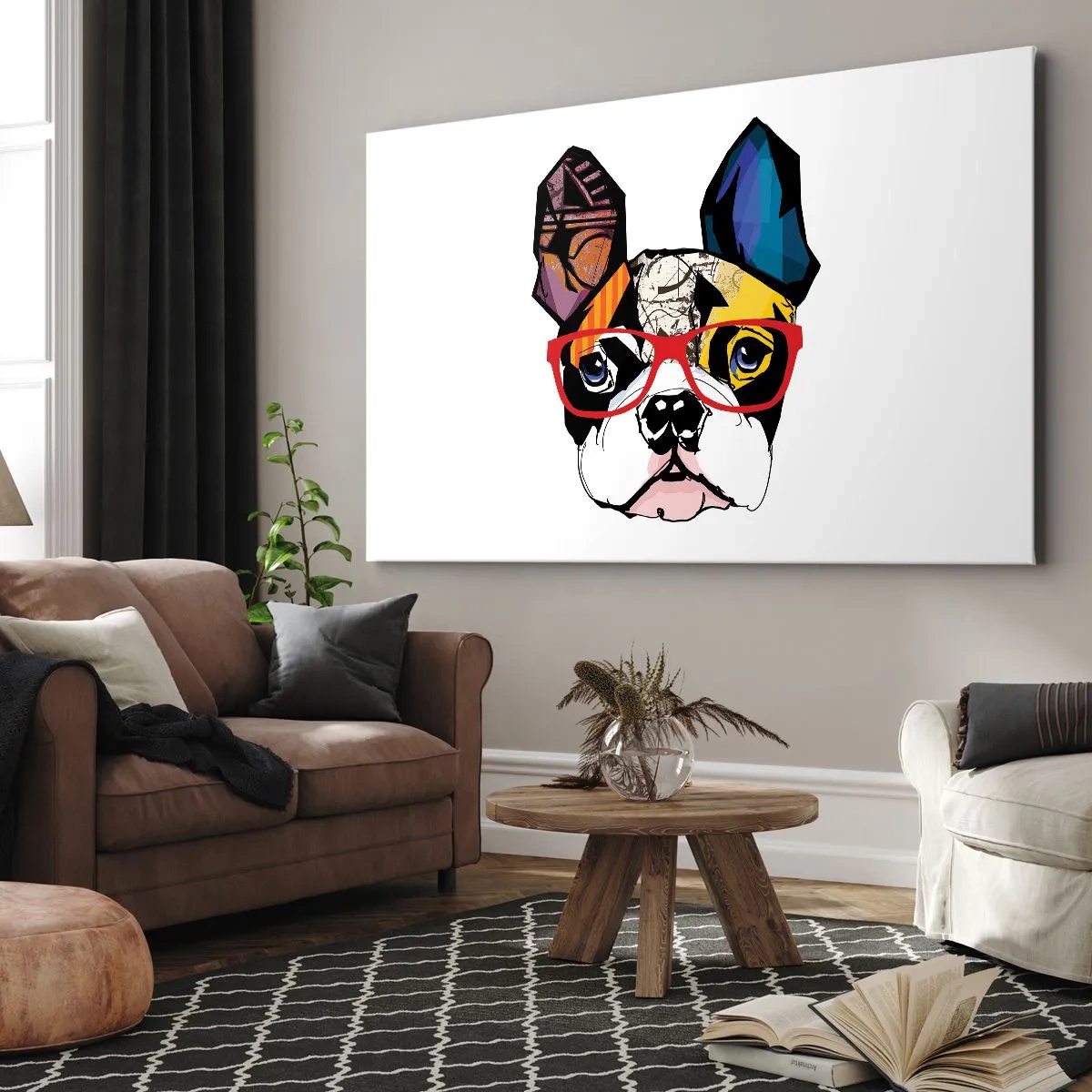 Impression sur toile - Image sur toile - Bouledogue dans une illustration colorée avec des lunettes rouges - 100x70cm - Intellectuel - Décoration murale moderne pour le salon et la chambre ARTTOR