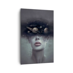 Impression sur toile - Image sur toile - Un visage de femme avec un motif de planète et d'espace en arrière-plan - 80x120cm - Et les planètes deviennent folles... - Décoration murale moderne pour le salon et la chambre ARTTOR