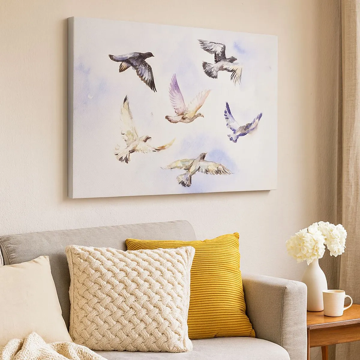 Impression sur toile - Image sur toile - Oiseaux à l'aquarelle en vol sur un ciel délicat - 70x50cm - Liberté en gris et bleu - Décoration murale moderne pour le salon et la chambre ARTTOR