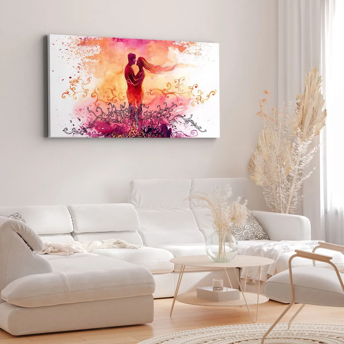Impression sur toile - Image sur toile - Un couple s'embrassant sur un motif abstrait rose et orange - 120x50cm - Un coeur! Je n'ai pas besoin de beaucoup… - Décoration murale moderne pour le salon et la chambre ARTTOR