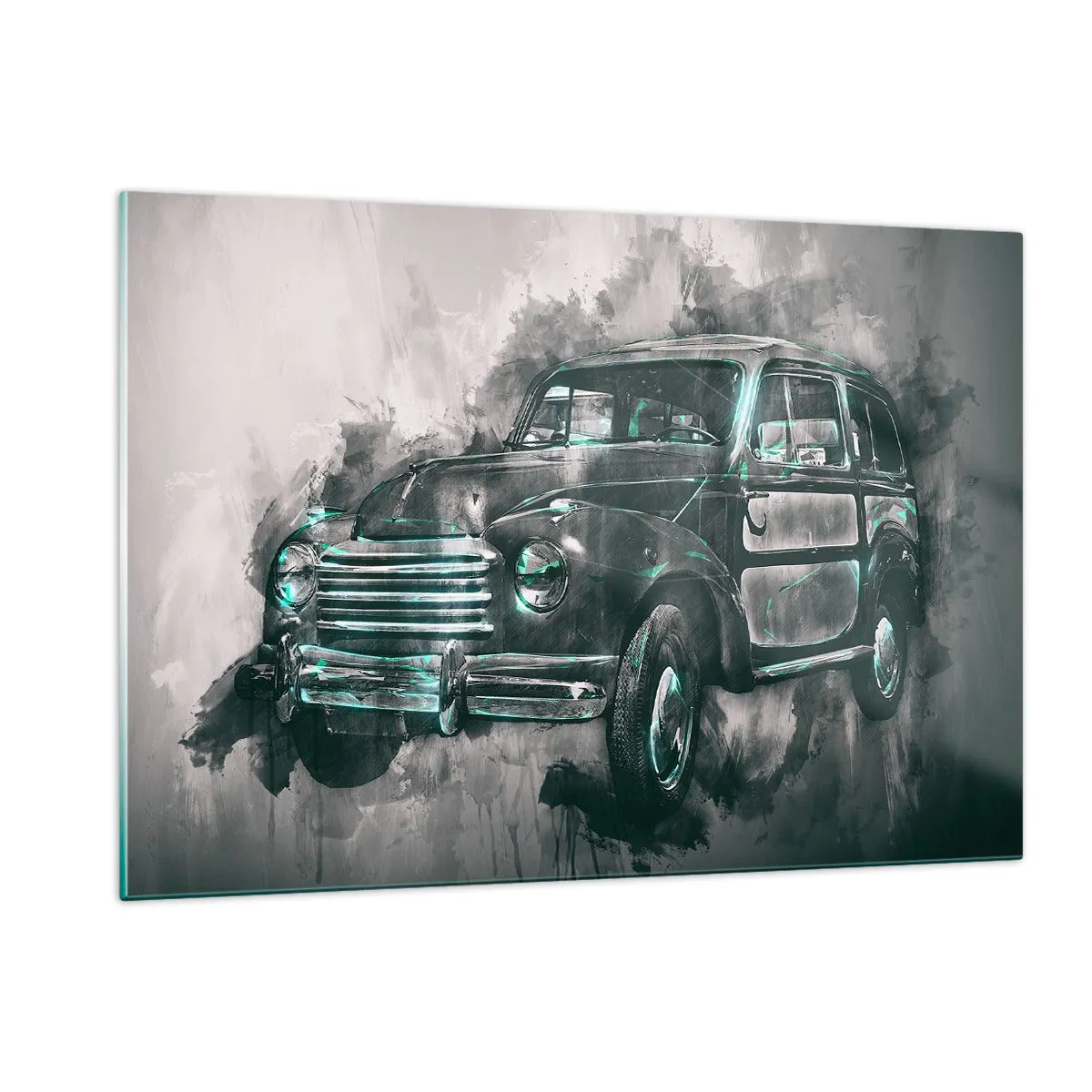 Impression sur verre - Image sur verre - Une vieille voiture aux tons gris et turquoise - 120x80cm - Ancêtre respecté - Décoration murale moderne pour le salon et la chambre ARTTOR