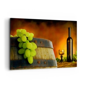 Impression sur toile - Image sur toile - Raisins sur un tonneau de vin avec une palette de couleurs chaudes en arrière-plan - 120x80cm - Nature morte avec une bouteille de vin et une grappe de raisin - Décoration murale moderne pour le salon et la chambre