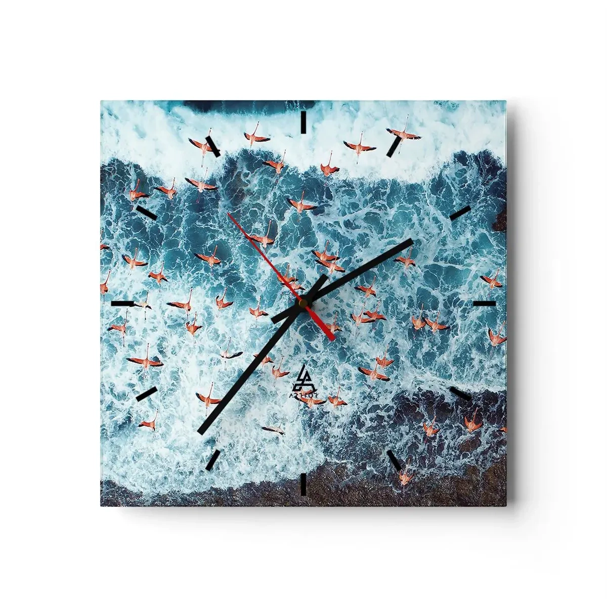 Horloge murale - Pendule murale - Vue aérienne de flamants roses sur un océan bleu - 30x30cm - Défilé du bord de mer - Décoration murale moderne pour le salon et la chambre ARTTOR