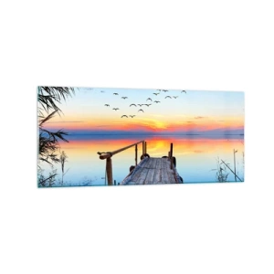 Impression sur verre - Image sur verre - Jetée en bois sur le lac au coucher du soleil - 120x50cm - Il est temps de rentrer... - Décoration murale moderne pour le salon et la chambre ARTTOR