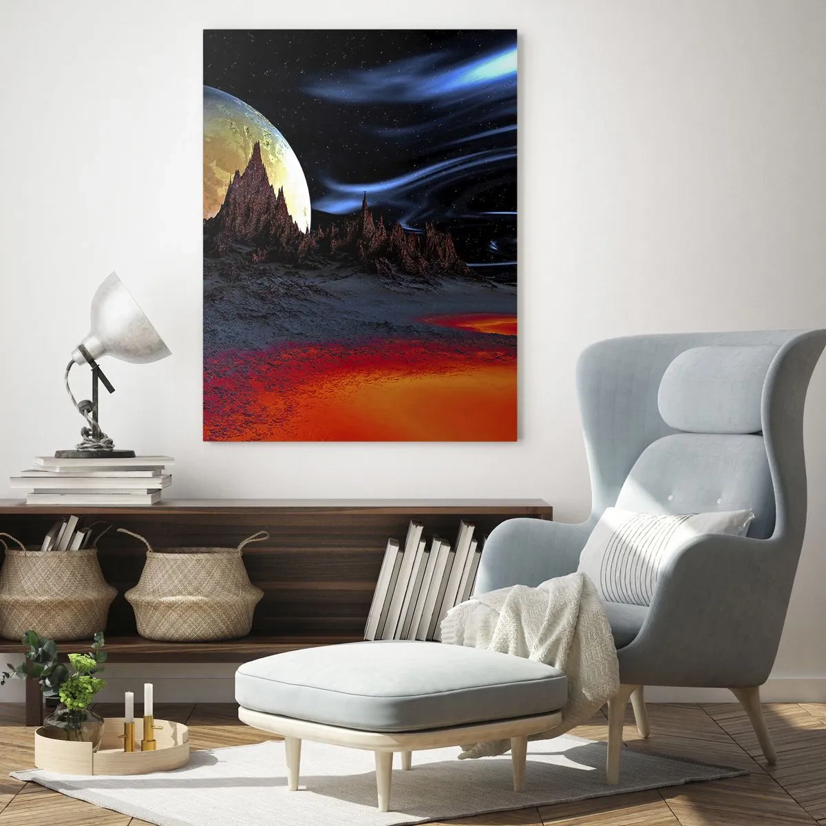 Impression sur verre - Image sur verre - Un paysage fantastique avec des planètes et des paysages volcaniques - 80x120cm - Monde inconnu - Décoration murale moderne pour le salon et la chambre ARTTOR