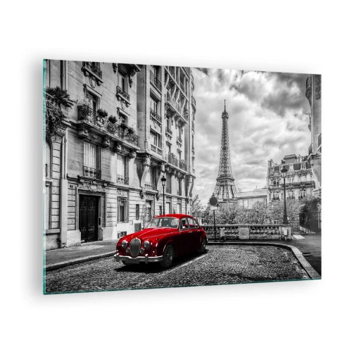 Impression sur verre - Image sur verre - Voiture rouge devant la Tour Eiffel à Paris en noir et blanc - 70x50cm - Prédateur dans la ville - Décoration murale moderne pour le salon et la chambre ARTTOR