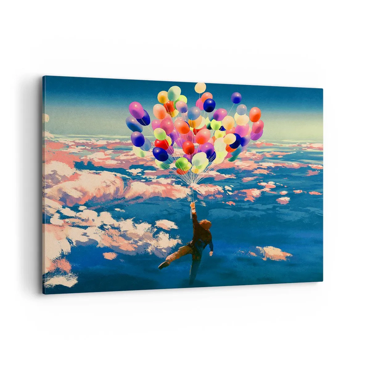 Impression sur toile - Image sur toile - Une silhouette flottant au-dessus des nuages avec des ballons colorés - 100x70cm - Un rêve d'enfant devenu réalité - Décoration murale moderne pour le salon et la chambre ARTTOR