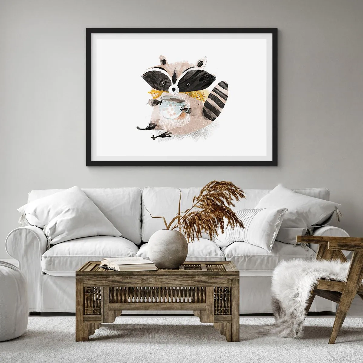 Affiche dans un cadre noir - Poster - Adorable raton laveur tenant une tasse de couleur pastel - 100x70cm - Mon ami le raton laveur - Décoration murale moderne pour le salon et la chambre ARTTOR