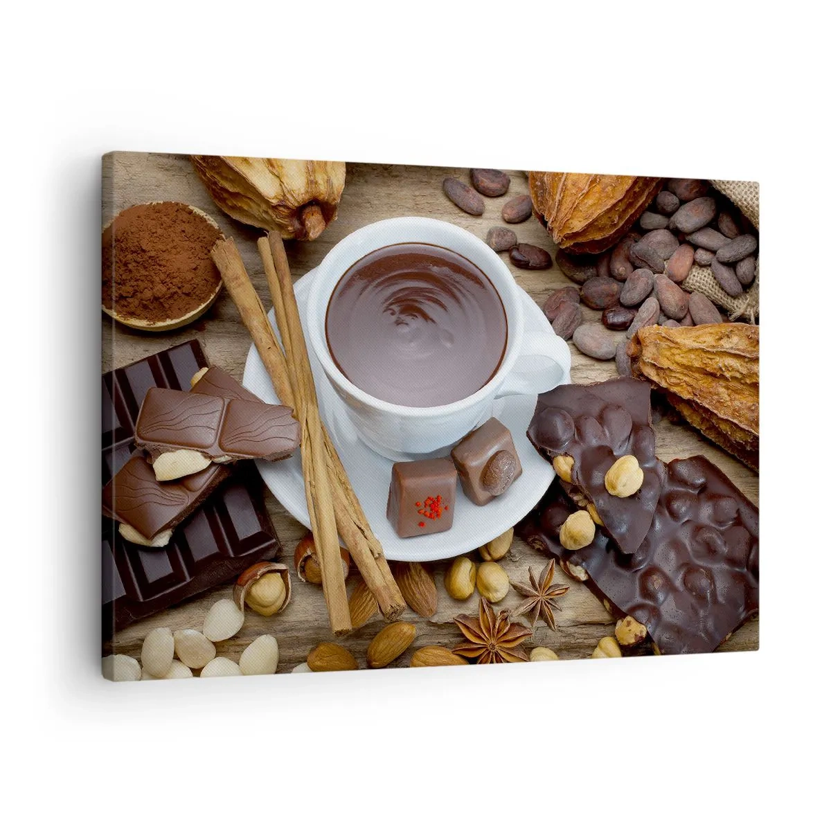 Impression sur toile - Image sur toile - Une tasse de chocolat chaud entourée d'ingrédients de dessert - 70x50cm - D'une chocolaterie de conte de fées - Décoration murale moderne pour le salon et la chambre ARTTOR