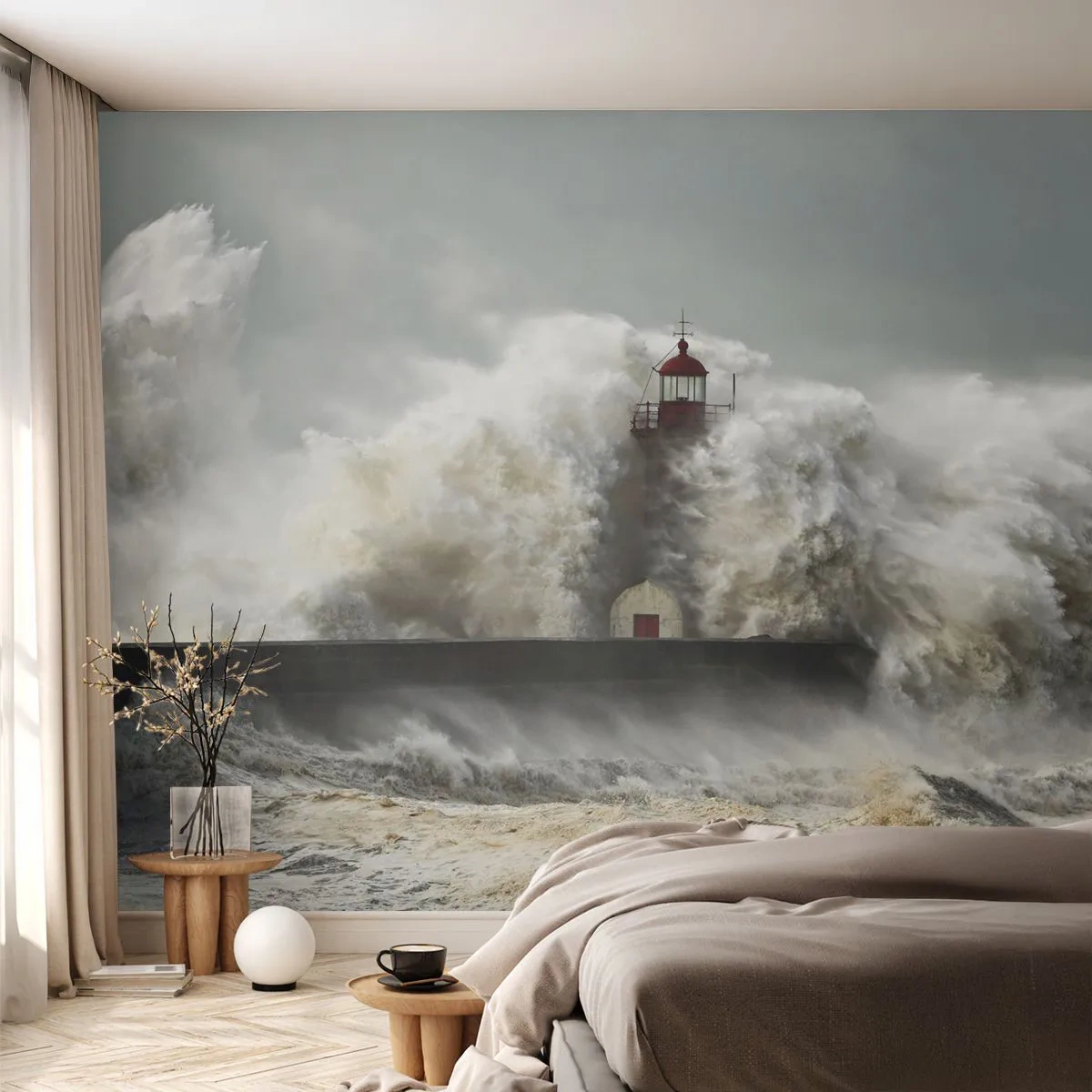 Papier Peint Photo Standard Eco - La colère de l'océan - Paysage, Phare, Tempête - 400x280 cm