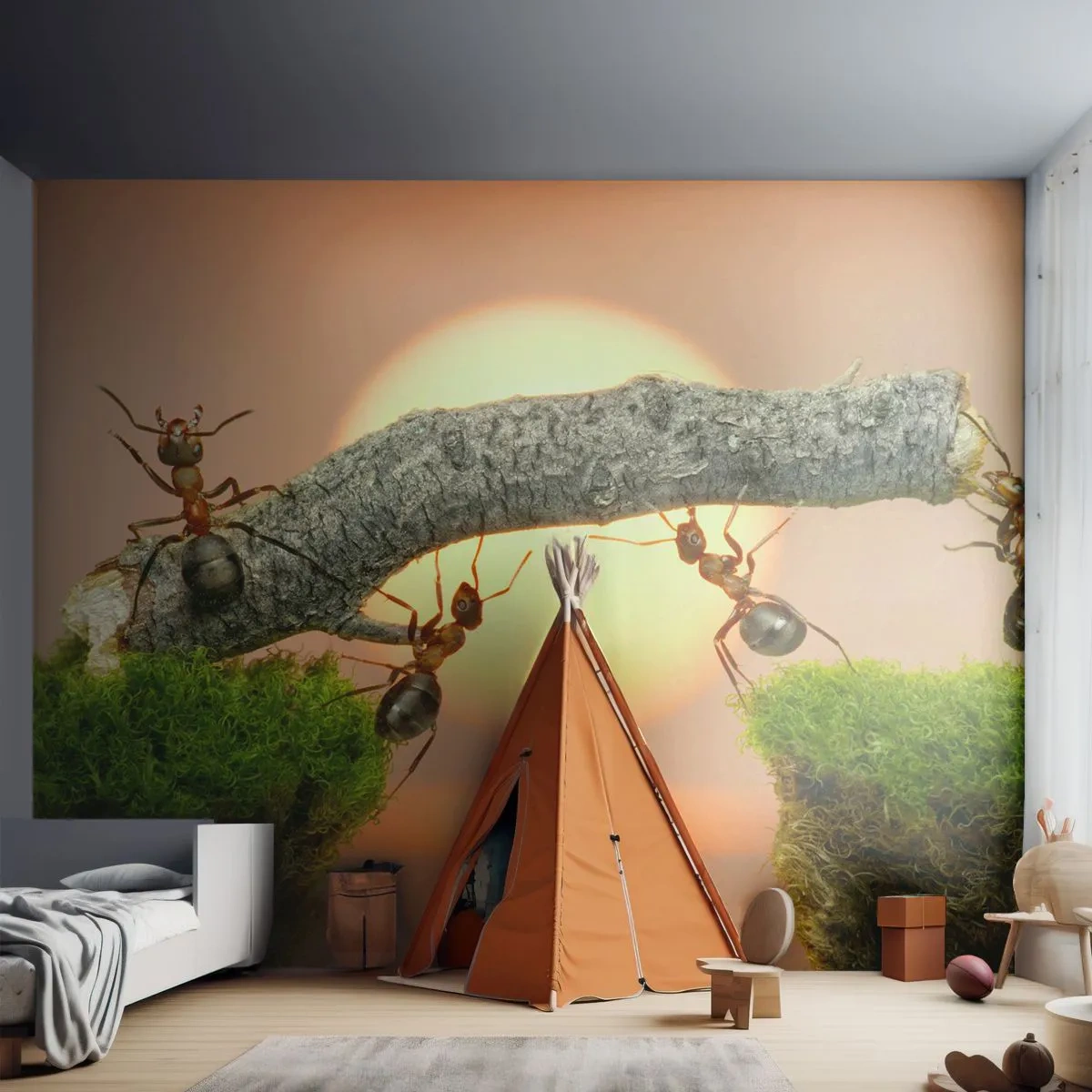 Papier Peint Photo Standard Eco - Des fourmis construisent un pont de branches sur fond de coucher de soleil - 100x70cm - La joie, travaille d'équipe - Décoration murale moderne pour le salon et la chambre ARTTOR