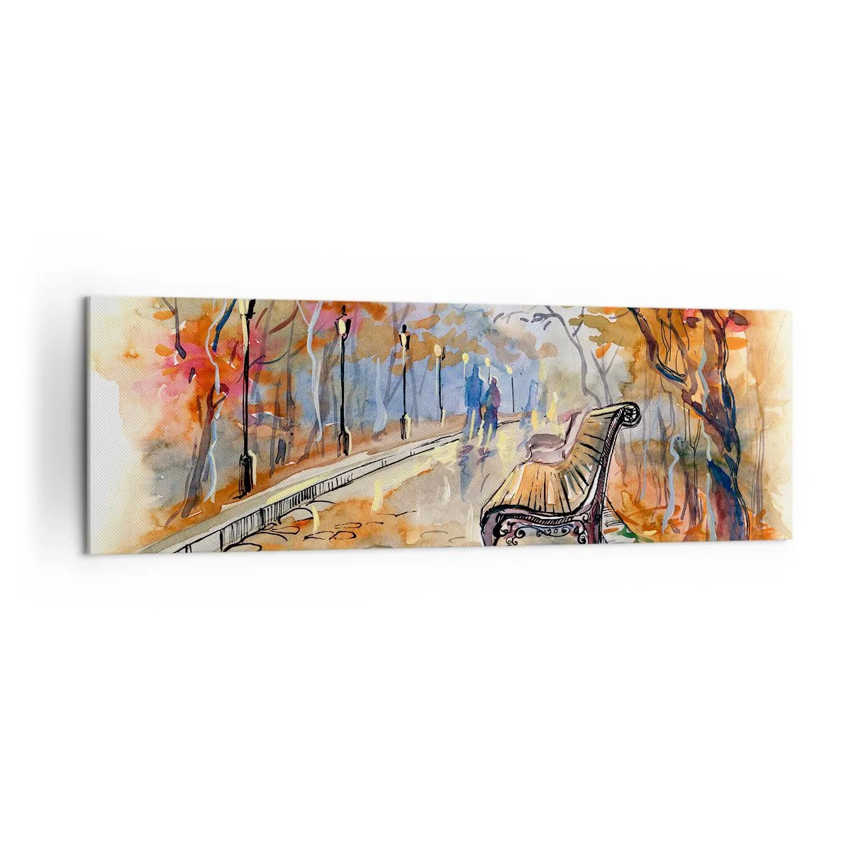 Impression sur toile - Image sur toile - Un parc d'automne avec un banc à l'aquarelle - 160x50cm - Errer ensemble à l'automne - Décoration murale moderne pour le salon et la chambre ARTTOR