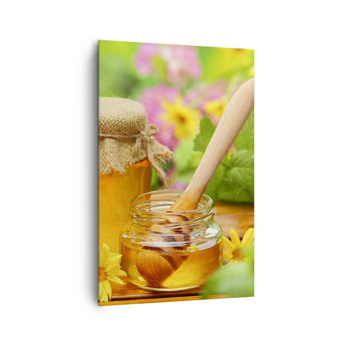 Impression sur toile - Image sur toile - Pots de miel avec des fleurs sur fond de jardin d'été - 80x120cm - Doux et fleuri - Décoration murale moderne pour le salon et la chambre ARTTOR