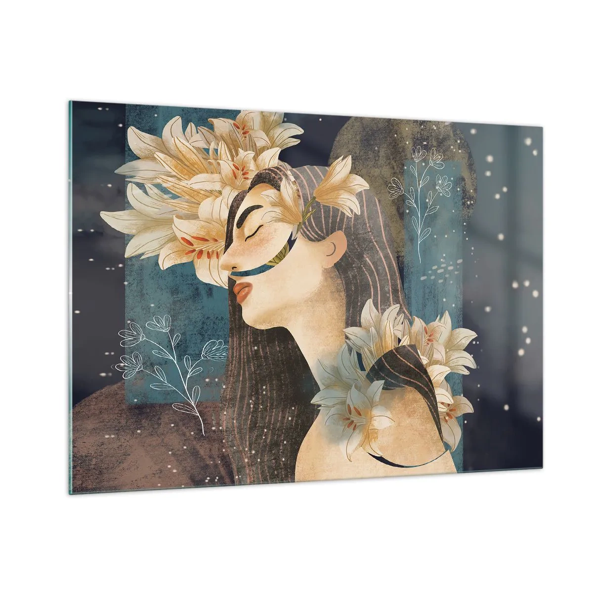 Impression sur verre - Image sur verre - Une figure féminine avec des lys dans un style de conte de fées - 100x70cm - Conte de fée sur la princesse lilas - Décoration murale moderne pour le salon et la chambre ARTTOR