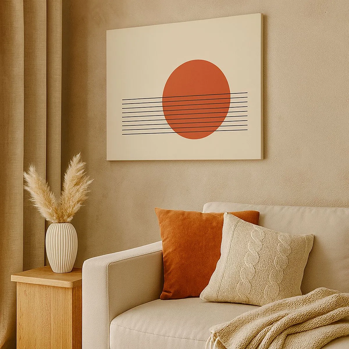 Impression sur toile - Image sur toile - Cercle rouge abstrait avec des lignes sur fond beige. - 70x50cm - Aux alentours et plus loin - Décoration murale moderne pour le salon et la chambre ARTTOR